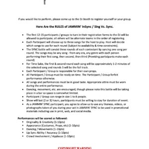 Text document outlining the rules for a singing and syncing competition hosted by jammin' syncere, includes point system, competition guidelines, and a DJ trivia segment.