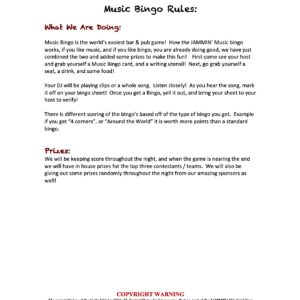 A promotional flyer for the Jamie Bingo Music Rules event, featuring playful, colorful text and graphics related to music and party themes, brought to you by DJ Trivia.