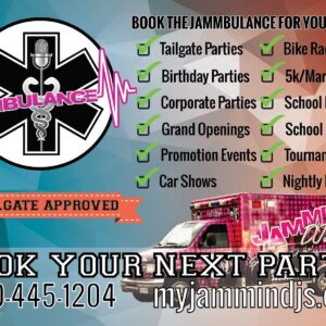 Advertisement for Jammbulance, a mobile DJ trivia service offering entertainment for various events, featuring a vibrant graphic design with contact information.